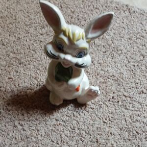 White Ceramic Bunny Figurine with Green Bowl and Orange Carrot Accent